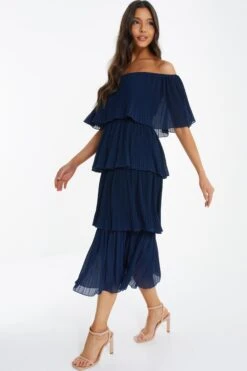 Navy Bardot Pleated Midaxi Dress -Outlet Clothyne Store 00100036451 XS