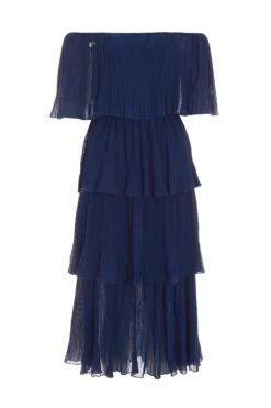 Navy Bardot Pleated Midaxi Dress