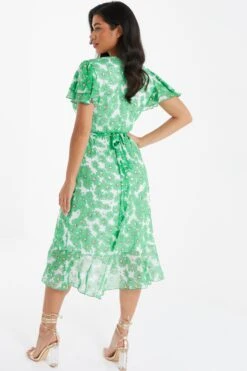 Green Chiffon Floral Wrap Midi Dress -Outlet Clothyne Store 00100036458 XB