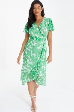 Green Chiffon Floral Wrap Midi Dress -Outlet Clothyne Store 00100036458 XM