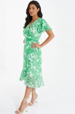 Green Chiffon Floral Wrap Midi Dress -Outlet Clothyne Store 00100036458 XS