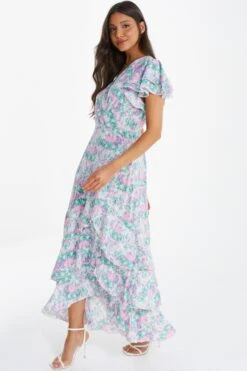 Pink Smudge Print Frill Maxi Dress -Outlet Clothyne Store 00100036463 XS
