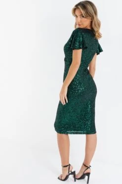 Bottle Green Sequin Wrap Midi Dress -Outlet Clothyne Store 00100036494 XB