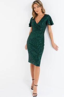 Bottle Green Sequin Wrap Midi Dress -Outlet Clothyne Store 00100036494 XM