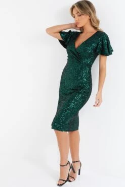 Bottle Green Sequin Wrap Midi Dress -Outlet Clothyne Store 00100036494 XS