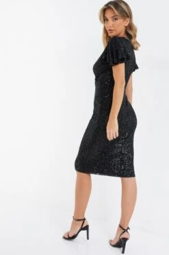 Black Sequin Wrap Midi Dress -Outlet Clothyne Store 00100036495 XB