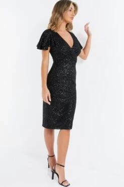 Black Sequin Wrap Midi Dress -Outlet Clothyne Store 00100036495 XS