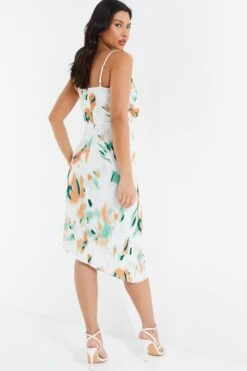 Cream Satin Smudge Print Midi Dress -Outlet Clothyne Store 00100036511 XB