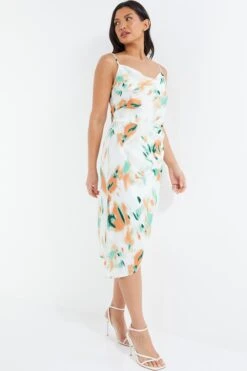 Cream Satin Smudge Print Midi Dress -Outlet Clothyne Store 00100036511 XS