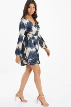 Champagne Satin Marble Print Wrap Mini Dress -Outlet Clothyne Store 00100036592 XS