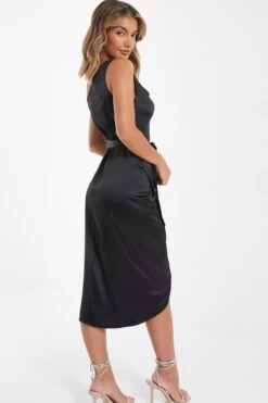 Black Satin One Shoulder Midi Dress -Outlet Clothyne Store 00100036593 XB