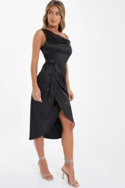 Black Satin One Shoulder Midi Dress -Outlet Clothyne Store 00100036593 XS