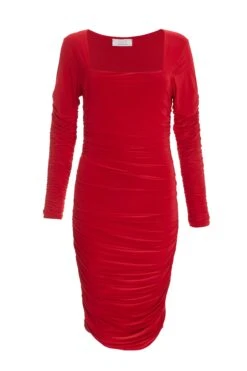 Red Ruched Long Sleeve Midi Dress