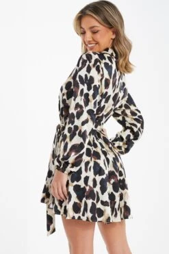 Stone Animal Print Satin Shirt Dress -Outlet Clothyne Store 00100036636 XB