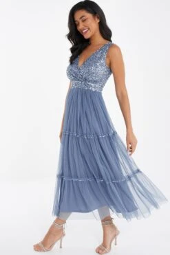 Blue Sequin Tulle Midi Dress -Outlet Clothyne Store 00100036641 XS