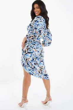 Blue Smudge Print Ruched Midi Dress -Outlet Clothyne Store 00100036685 XB