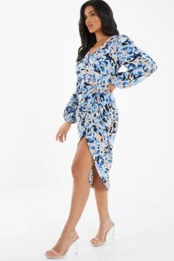Blue Smudge Print Ruched Midi Dress -Outlet Clothyne Store 00100036685 XS