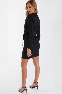 Black Glitter Tuxedo Mini Dress -Outlet Clothyne Store 00100036703 XB