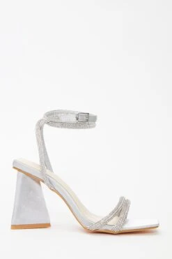 Grey Satin Diamante Triangle Heeled Sandals -Outlet Clothyne Store 00100036977 XM