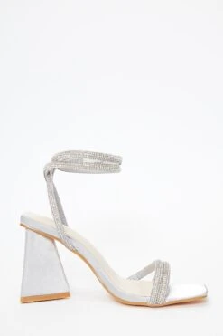 Grey Satin Diamante Triangle Heeled Sandals -Outlet Clothyne Store 00100036977 ZS