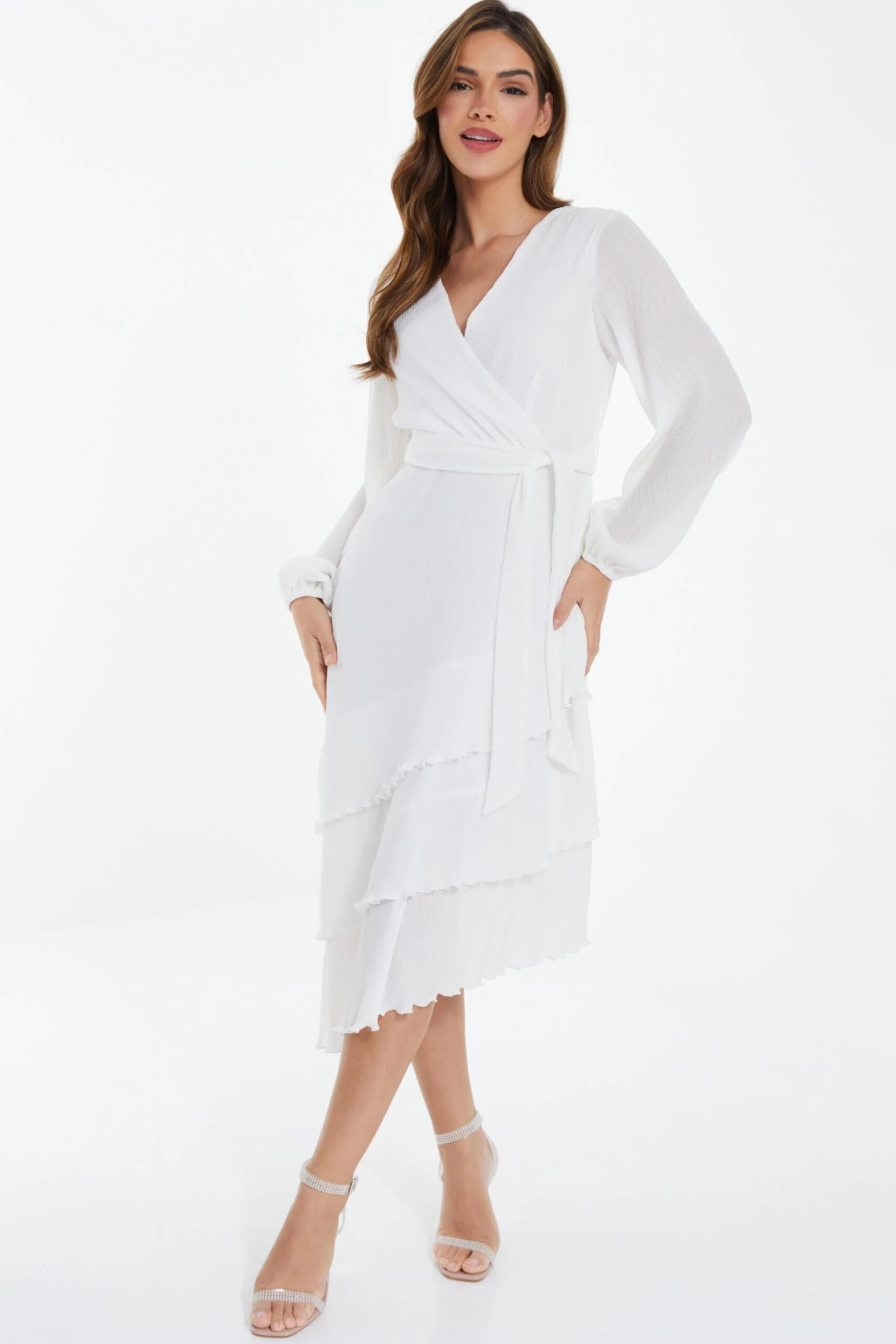 White Chiffon Crinkle Wrap Midi Dress 4 White Chiffon Crinkle Wrap Midi Dress - Image 2