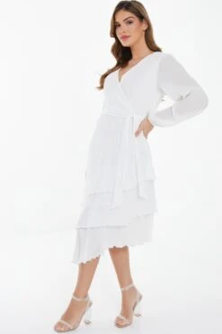 White Chiffon Crinkle Wrap Midi Dress 11 White Chiffon Crinkle Wrap Midi Dress -Outlet Clothyne Store 00100037029 XS