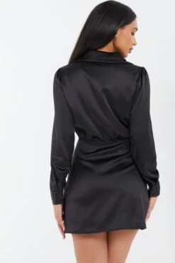 Black Satin Button Mini Shirt Dress -Outlet Clothyne Store 00100037097 XB
