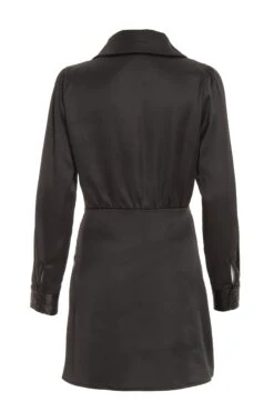 Black Satin Button Mini Shirt Dress -Outlet Clothyne Store 00100037097 ZB