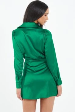 Green Satin Button Mini Shirt Dress -Outlet Clothyne Store 00100037100 XB