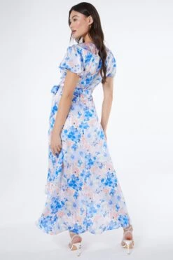 Blue Satin Floral Wrap Midaxi Dress -Outlet Clothyne Store 00100037132 XB
