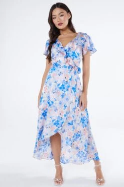 Blue Satin Floral Wrap Midaxi Dress -Outlet Clothyne Store 00100037132 XM