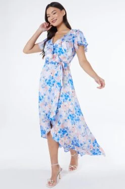 Blue Satin Floral Wrap Midaxi Dress -Outlet Clothyne Store 00100037132 XS