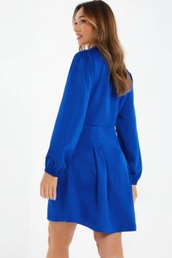Royal Blue Satin Button Shirt Mini Dress -Outlet Clothyne Store 00100037135 XB