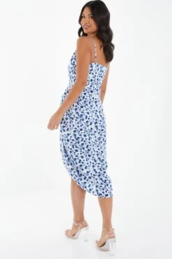 Blue Satin Animal Print Ruched Midi Dress -Outlet Clothyne Store 00100037160 XB