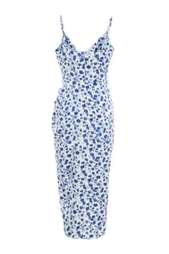 Blue Satin Animal Print Ruched Midi Dress -Outlet Clothyne Store 00100037160 ZB