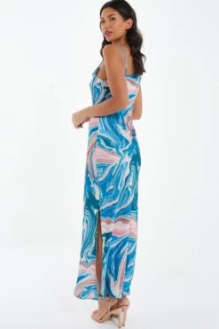 Blue Satin Marble Print Midaxi Dress -Outlet Clothyne Store 00100037175 XB