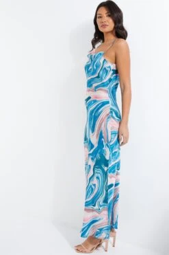 Blue Satin Marble Print Midaxi Dress -Outlet Clothyne Store 00100037175 XS