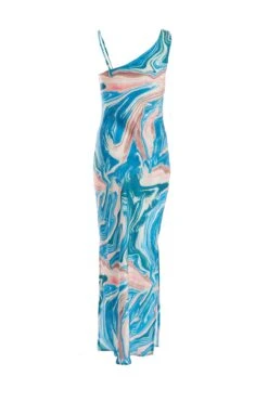 Blue Satin Marble Print Midaxi Dress -Outlet Clothyne Store 00100037175 ZB