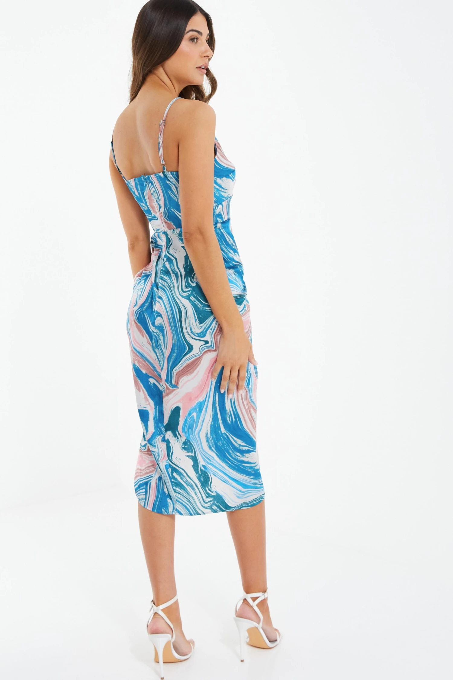 Petite Blue Satin Marble Print Ruched Midi Dress 5 Petite Blue Satin Marble Print Ruched Midi Dress - Image 3