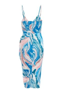 Petite Blue Satin Marble Print Ruched Midi Dress 12 Petite Blue Satin Marble Print Ruched Midi Dress -Outlet Clothyne Store 00100037194 ZB