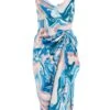 Petite Blue Satin Marble Print Ruched Midi Dress -Outlet Clothyne Store 00100037194 ZM