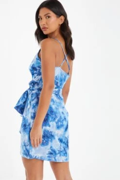 Blue Satin Marble Print Wrap Mini Dress -Outlet Clothyne Store 00100037206 XB