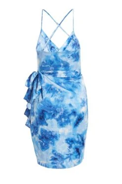 Blue Satin Marble Print Wrap Mini Dress -Outlet Clothyne Store 00100037206 ZB