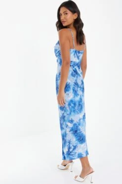 Blue Satin Marble Print Ruched Split Midi Dress -Outlet Clothyne Store 00100037207 XB