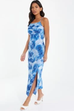 Blue Satin Marble Print Ruched Split Midi Dress -Outlet Clothyne Store 00100037207 XS