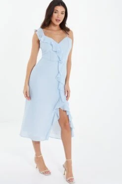 Light Blue Textured Frill Midi Dress -Outlet Clothyne Store 00100037308 XS