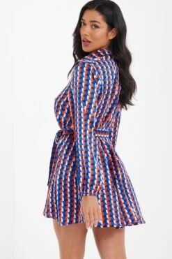 Blue Satin Geometric Mini Shirt Dress -Outlet Clothyne Store 00100037330 XB