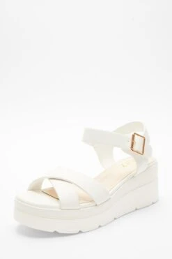 White Faux Leather Cross Strap Wedges -Outlet Clothyne Store 00100037333 XB