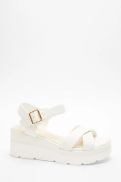 White Faux Leather Cross Strap Wedges -Outlet Clothyne Store 00100037333 XM