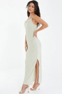 Champagne Plisse Split Maxi Dress -Outlet Clothyne Store 00100037348 XS